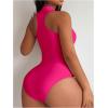 imageOYOANGLE Womens Zip Up Racer Back One Piece Swimsuit Crew Neck Sleeveless Monokini SwimwearHot Pink