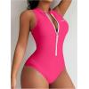 imageOYOANGLE Womens Zip Up Racer Back One Piece Swimsuit Crew Neck Sleeveless Monokini SwimwearHot Pink