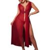 imageOYOANGLE Womens 2 Piece Lingerie Set Lace Sheer Long Babydoll Chemise Nightgown with Thongs SleepwearBurgundy