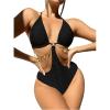 imageOYOANGLE Womens Chain Linked Cut Out Halter One Piece Swimsuit Tummy Control Bathing SuitBlack