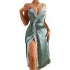 imageOYOANGLE Womens Elegant Lace Trim Satin Nightgowns Knot Side V Neck Midi Slip Dress SleepwearGreen