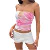 imageOYOANGLE Womens Floral Print Ruched Strapless Tube Top Vacation Slim Fit Crop Bandeau TopsWhite and Pink