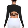 imageOYOANGLE Womens Long Sleeve Workout Top Criss Cross Backless Fitted Crop Tops Gym Athletic ShirtBlack