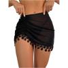 imageOYOANGLE Womens Mesh Sheer Tassel Swimwear Cover Up Skirt Ruched Short Beach SarongBlack