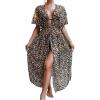 imageOYOANGLE Womens Swimsuit Cover Ups Leopard Print Short Sleeve Belted Kimono Cardigans BeachwearBrown