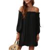 imageOYOANGLE Womens Swimsuit Cover Ups Off Shoulder Long Sleeve Beach Dress Frill Trim SwimwearBlack