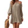 imageOYOANGLE Womens Swimsuit Cover Ups Off Shoulder Long Sleeve Beach Dress Frill Trim SwimwearKhaki