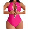 imageOYOANGLE Womens Zip Up Racer Back One Piece Swimsuit Crew Neck Sleeveless Monokini SwimwearHot Pink