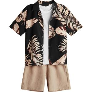 imageOYOANGLE Boys 2 Piece Outfits Hawaii Vacation Paisley Print Button Down Shirt and Shorts SetBlack Tropical