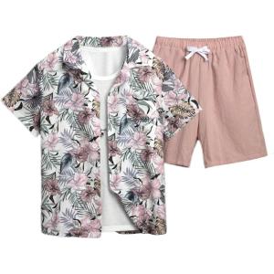 imageOYOANGLE Boys 2 Piece Outfits Hawaii Vacation Paisley Print Button Down Shirt and Shorts SetPink