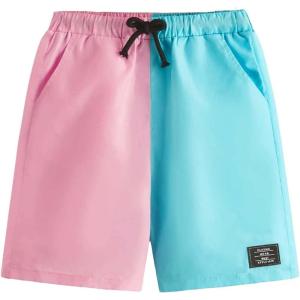 imageOYOANGLE Boys Colorblock Letter Drawstring Waist Straight Leg Shorts with PocketsPink Blue