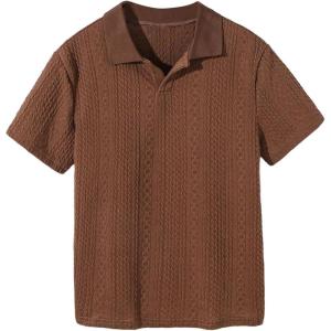 imageOYOANGLE Boys Short Sleeve Collar Neck Cable Knitted Solid Plain Golf Uniform ShirtBrown