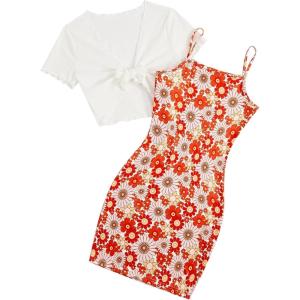 imageOYOANGLE Girls 2 Piece Outfits Bow Knot Floral Print Short Sleeve Tie Front Top Sleeveless Cute Cami Dresses SetsOrange Floral