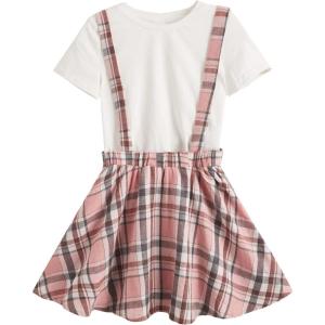imageOYOANGLE Girls 2 Piece Outfits TShirt ampamp Overall Skirt Set Clothing SetsWhite Plaid