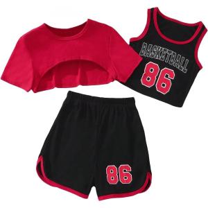 imageOYOANGLE Girls 3 Piece Outfit Letter Graphic Basketball Tank Top and Track Shorts with Crop TopBlack Red