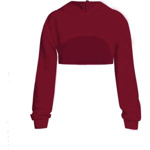 imageOYOANGLE Girls Long Sleeve Drop Shoulder High Low Asymmetrical Hem Crop Hoodie TopBurgundy