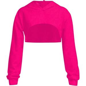 imageOYOANGLE Girls Long Sleeve Drop Shoulder High Low Asymmetrical Hem Crop Hoodie TopHot Pink