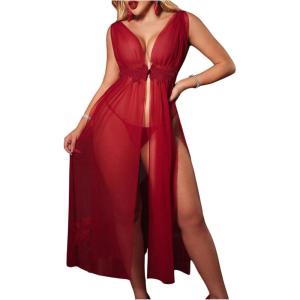 imageOYOANGLE Womens 2 Piece Lingerie Set Lace Sheer Long Babydoll Chemise Nightgown with Thongs SleepwearBurgundy