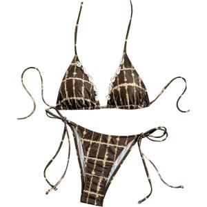 imageOYOANGLE Womens 2 Piece Plaid Print Bikini Set Low Waist Triangle Tie Back Halter Swimsuit Beach WearMulticolor