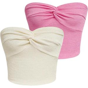 imageOYOANGLE Womens 2 Piece Textured Strapless Tube Top Party Going Out Bandeau Crop TopsBeige and Pink