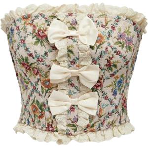 imageOYOANGLE Womens Bow Front Bustier Corset Floral Print Lace Trim Strapless Vintage Bandeau Crop TopsApricot