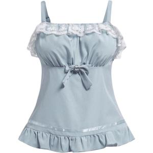 imageOYOANGLE Womens Bow Heart Contrast Lace Cami Top Ruffle Hem Flared Sleeveless Peplum TopsBlue