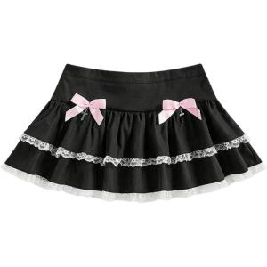 imageOYOANGLE Womens Bow Tiered Layered Mini Skirt Low Waist Ruffle Flared Goth Y2K SkirtsBlack