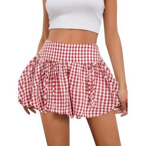 imageOYOANGLE Womens Bubble Checkered Tie Bow Front Y2k Mini SkirtsRed