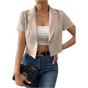 imageOYOANGLE Womens Button Down Lapel Neck Crop Jackets Short Sleeve Business BlazersApricot