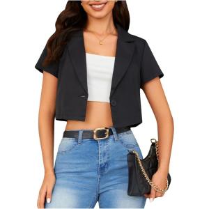 imageOYOANGLE Womens Button Down Lapel Neck Crop Jackets Short Sleeve Business BlazersBlack