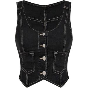 imageOYOANGLE Womens Button Front Denim Vest Tank Top Scoop Neck Sleeveless Jean WaistcoatBlack