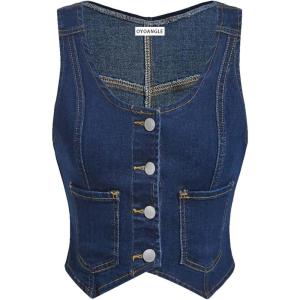 imageOYOANGLE Womens Button Front Denim Vest Tank Top Scoop Neck Sleeveless Jean WaistcoatBlue