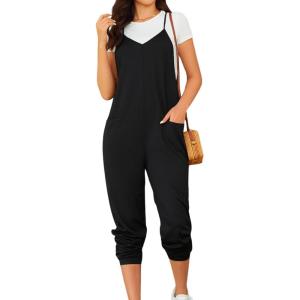 imageOYOANGLE Womens Causal Sleeveless Harem Leg Suspender Cami Jumpsuit Long Romper with PocketsBlack