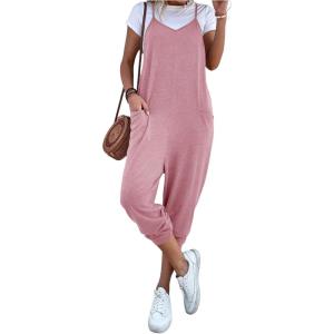 imageOYOANGLE Womens Causal Sleeveless Harem Leg Suspender Cami Jumpsuit Long Romper with PocketsDeep Pink