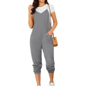 imageOYOANGLE Womens Causal Sleeveless Harem Leg Suspender Cami Jumpsuit Long Romper with PocketsGrey