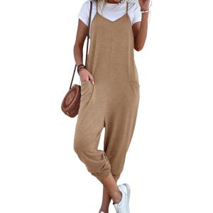imageOYOANGLE Womens Causal Sleeveless Harem Leg Suspender Cami Jumpsuit Long Romper with PocketsLight Brown