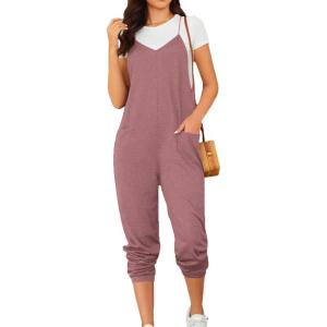 imageOYOANGLE Womens Causal Sleeveless Harem Leg Suspender Cami Jumpsuit Long Romper with PocketsPink