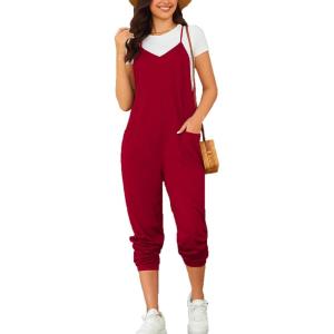 imageOYOANGLE Womens Causal Sleeveless Harem Leg Suspender Cami Jumpsuit Long Romper with PocketsRed