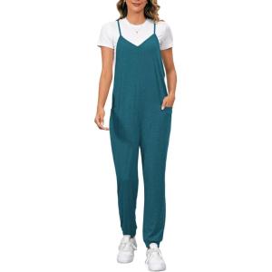 imageOYOANGLE Womens Causal Sleeveless Harem Leg Suspender Cami Jumpsuit Long Romper with PocketsTeal Blue