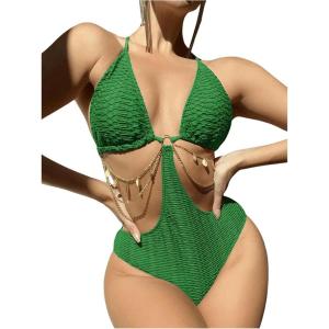 imageOYOANGLE Womens Chain Linked Cut Out Halter One Piece Swimsuit Tummy Control Bathing SuitArmy Green