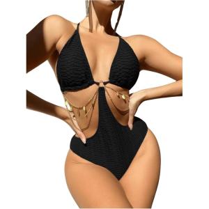 imageOYOANGLE Womens Chain Linked Cut Out Halter One Piece Swimsuit Tummy Control Bathing SuitBlack