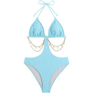 imageOYOANGLE Womens Chain Linked Cut Out Halter One Piece Swimsuit Tummy Control Bathing SuitBlue
