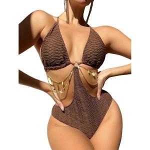 imageOYOANGLE Womens Chain Linked Cut Out Halter One Piece Swimsuit Tummy Control Bathing SuitChocolate Brown