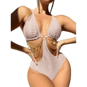 imageOYOANGLE Womens Chain Linked Cut Out Halter One Piece Swimsuit Tummy Control Bathing SuitPink