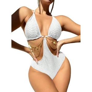imageOYOANGLE Womens Chain Linked Cut Out Halter One Piece Swimsuit Tummy Control Bathing SuitWhite