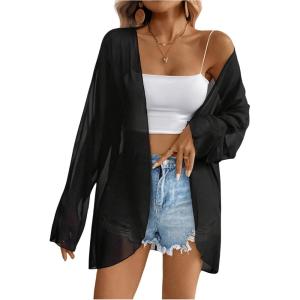 imageOYOANGLE Womens Chiffon Sheer Long Sleeve Open Front Cardigan See Through Casual Outerwear CoatBlack