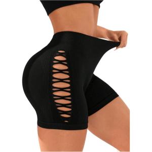 imageOYOANGLE Womens Criss Cross Cut Out High Waisted Short Leggings Seamless Booty Biker Shorts ActivewearBlack