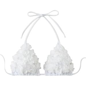 imageOYOANGLE Womens Floral Appliques Bikini Top Triangle Halter Bathing Suit Tops SwimsuitsWhite