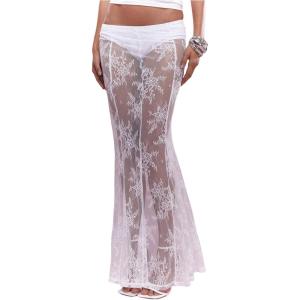 imageOYOANGLE Womens Floral Lace Sheer Maxi Skirt High Waisted See Through Fishtail SkirtsWhite