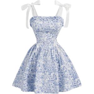 imageOYOANGLE Womens Floral Lace Up Bow Tie Shoulder Short Dress Ruffle A Line Short Tank DressesBlue